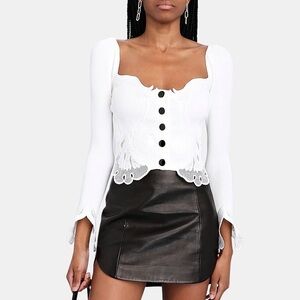 Self-Portrait White inserted lace, ribbed knit cardigan top